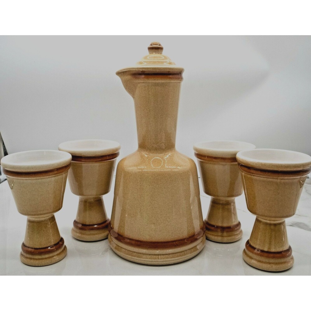 VTG DG Canada Pottery Decanter Set with 4 Pedestal Cups Beige Brown CC8/30 MCM
